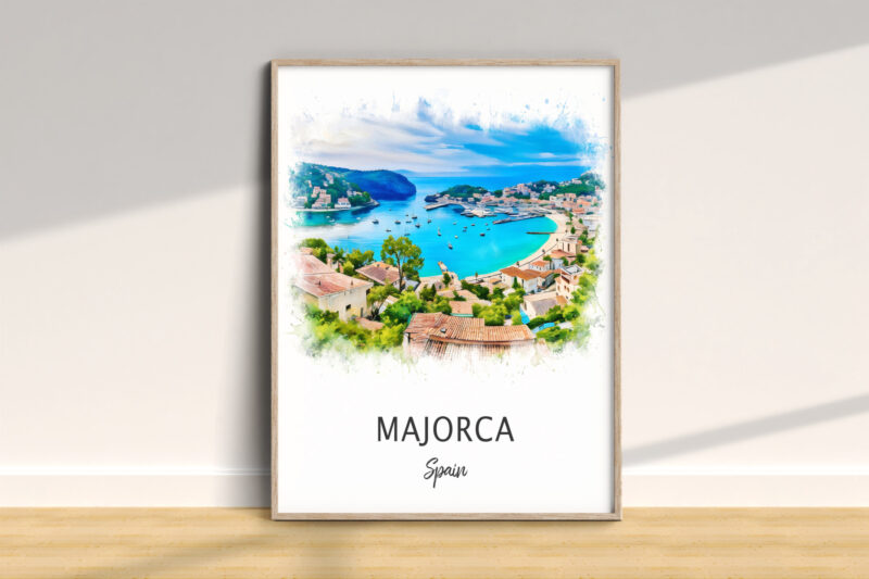 Framed painting of Majorca, Spain's coastal view.