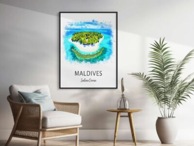 Maldives island illustration in modern living room.
