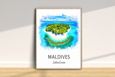 Colorful Maldives island painting with ocean view.