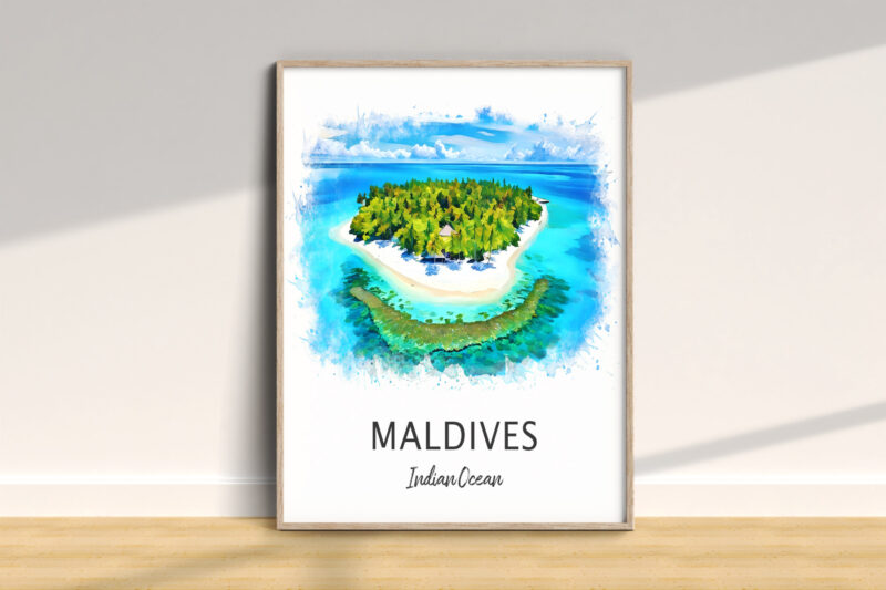 Colorful Maldives island painting with ocean view.