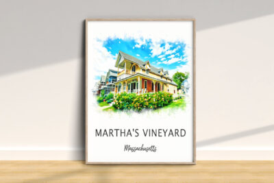 Framed Martha's Vineyard watercolor art on display.