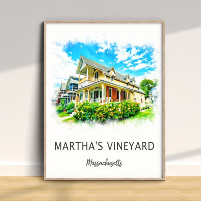 Framed Martha's Vineyard watercolor art on display.