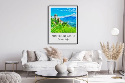 Modern living room with castle poster on wall.