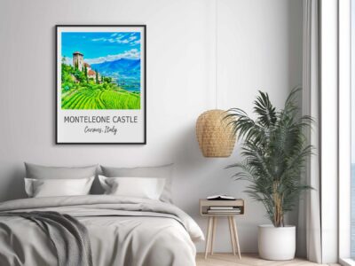 Bedroom with Monteleone Castle poster on wall.