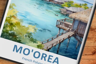 Watercolor overwater bungalows in Mo'orea, French Polynesia.