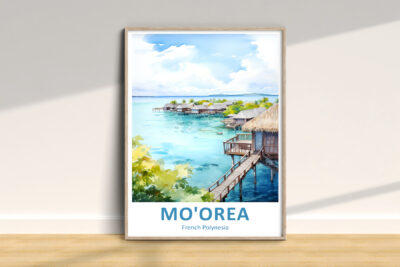 Mo'orea overwater bungalows illustration, French Polynesia.