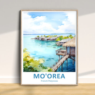 Mo'orea overwater bungalows illustration, French Polynesia.