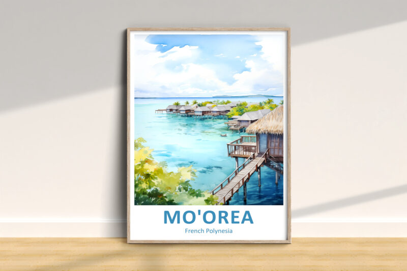 Mo'orea overwater bungalows illustration, French Polynesia.