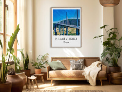 Living room with Millau Viaduct photo, plants.