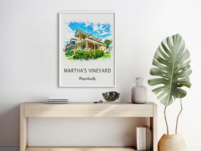 Martha's Vineyard framed poster on a modern console.