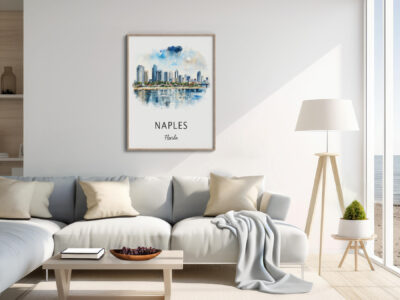 Modern living room with Naples, Florida artwork.