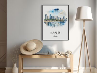 Naples Florida skyline art in modern living room.