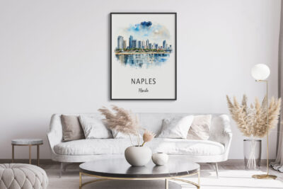 Naples Florida skyline artwork in modern living room.