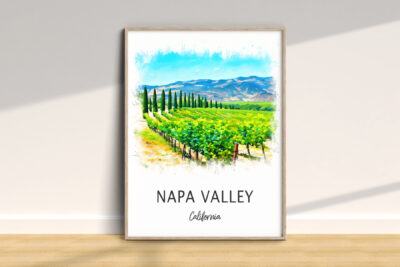 Framed painting of Napa Valley vineyard, California.