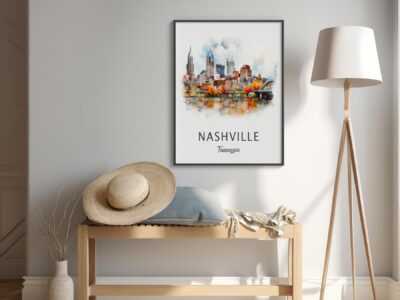 Nashville skyline watercolor painting in modern room decor.