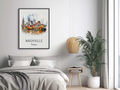 Bedroom with Nashville skyline art and decor.