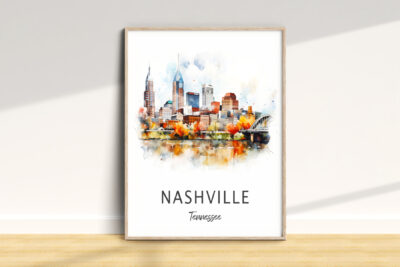 Watercolor illustration of Nashville skyline.
