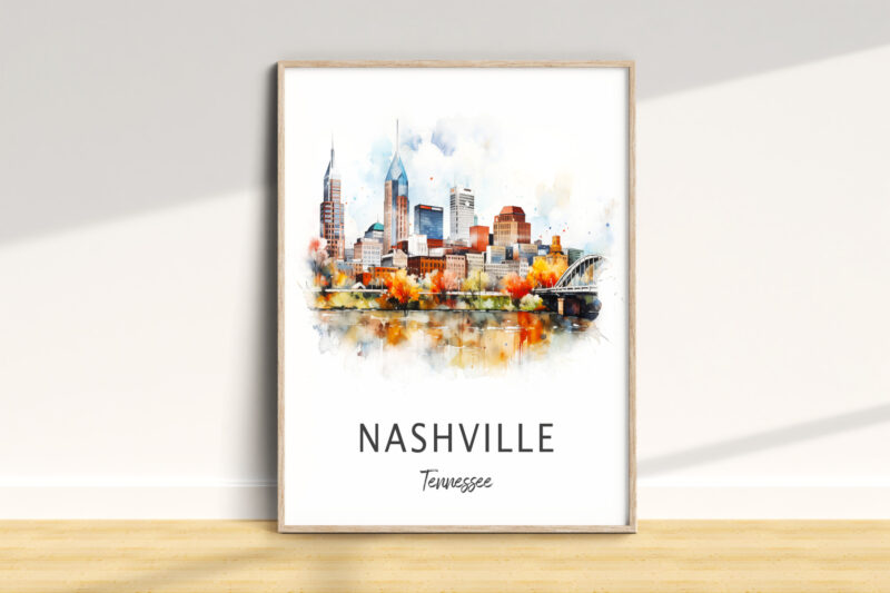 Watercolor illustration of Nashville skyline.