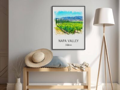 Napa Valley poster in modern interior setting.