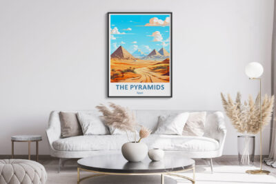 Elegant living room with Egypt pyramids poster.