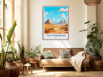 Cozy living room with pyramid poster on wall.