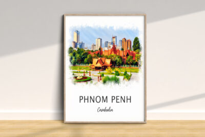 Phnom Penh Cambodia skyline artwork in frame.