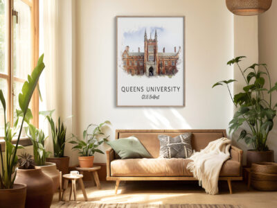 Cozy living room with plant decor and university artwork.