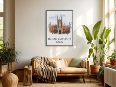Cozy living room with Queens University artwork.