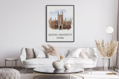 Queens University poster in modern living room