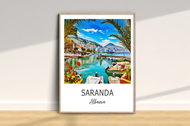 Framed painting of Saranda, Albania, with boats.