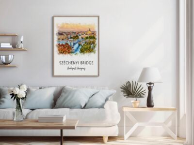 Living room with Széchenyi Bridge artwork, Budapest theme.