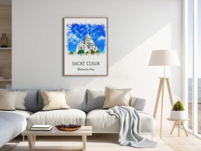 Modern living room with Sacré-Coeur poster on wall.
