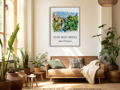 Living room with plants and bridge art.