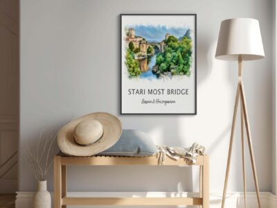 Framed Stari Most Bridge artwork on gray wall.