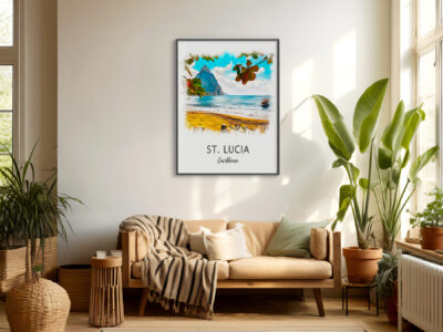 Cozy living room with St. Lucia art.