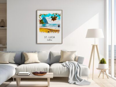 Cozy living room with St. Lucia artwork display.
