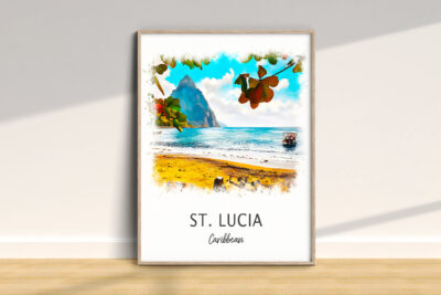 St. Lucia beach art with mountain view.