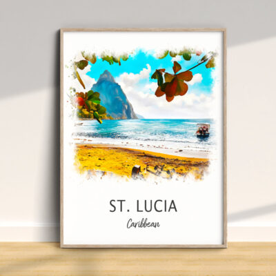 St. Lucia beach art with mountain view.
