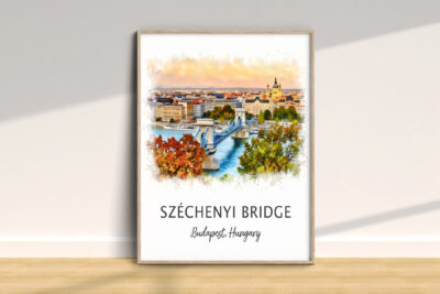 Széchenyi Bridge painting, Budapest, Hungary skyline view.