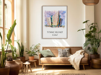 Cozy room with Titanic Belfast artwork and plants.