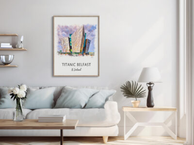 Living room with Titanic Belfast artwork.