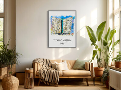Cozy living room with Titanic Museum artwork.