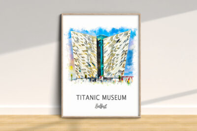 Watercolor painting of Titanic Museum in Belfast.