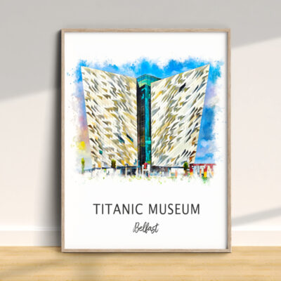 Watercolor painting of Titanic Museum in Belfast.