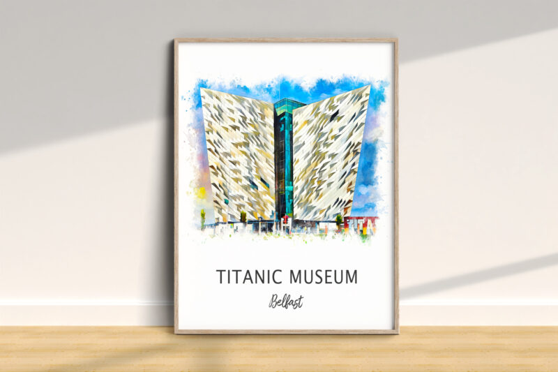 Watercolor painting of Titanic Museum in Belfast.