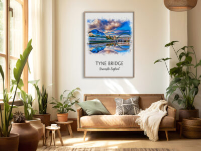 Cozy living room with Tyne Bridge artwork.