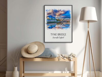 Framed Tyne Bridge photo on wall beside bench.