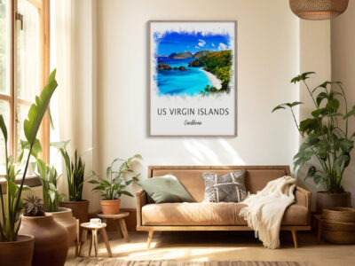 Cozy room with US Virgin Islands poster.