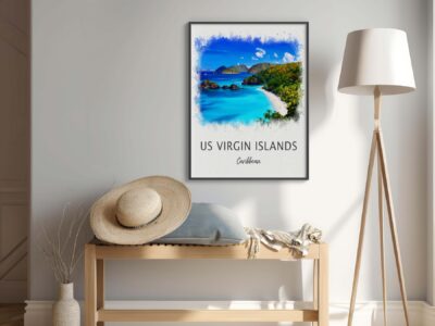 US Virgin Islands travel poster with coastal scene.