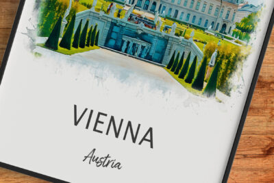 Illustrated map of Vienna, Austria highlights landmarks.